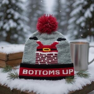 Bottoms Up Holiday Gray and Red Pom Pom Knit Beanie Hat